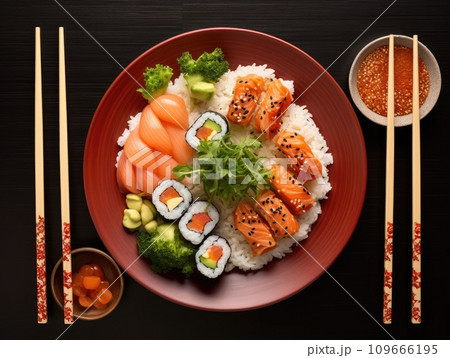 AI-generated content. Exquisite Japanese sushi set served on a traditional red plate, ideal for culinary presentations. 109666195