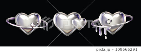 3D chrome heart y2k shape set, vector silverのイラスト素材