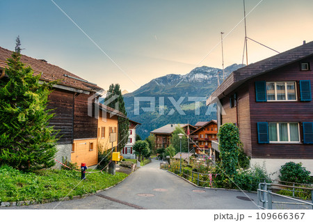 Rustic mountain village of Wengen in the evening at Switzerland 109666367