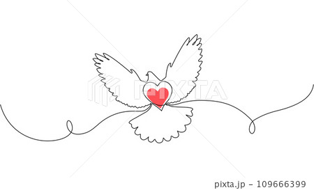 Flying pigeon with heart. Valentine Day one line drawing logo. Editable active stroke vector 109666399