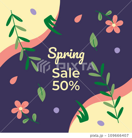 Spring sale background template. Includes flowers, leaves, branches, text and abstract shapes. Flat color vector illustration.  109666407
