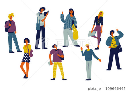 Students people set in flat character design for web. Bundle persons of different young women and men with bags and backpacks studying in university, standing and reading books. Vector illustration. Students people set in flat character design for web. Bundle persons of different young women and men with bags and backpacks studying in university, standing and reading books. Vector illustration. 109666445