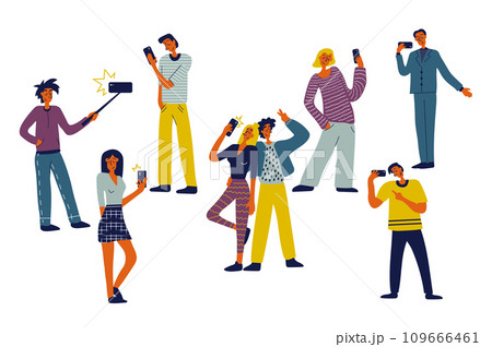 People with mobile phones set in flat character design for web. Bundle persons of different women and men work using smartphones, doing selfies, shooting photos, chatting online. Vector illustration. 109666461