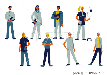 Medical staff people set in flat character design for web. Bundle persons of different women and men work as doctors, nurses, surgeons, paramedics, dentists, therapists, other. Vector illustration. Medical staff people set in flat character design for web. Bundle persons of different women and men work as doctors, nurses, surgeons, paramedics, dentists, therapists, other. Vector illustration. 109666462