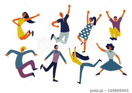 People jumping set in flat character design for web. Bundle persons of different excited women and men jumping and celebrating success and victory, having positive energetic. Vector illustration. 109666463