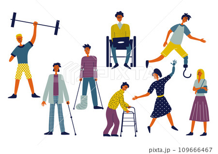Disability people set in flat character design for web. Bundle persons of different disabled women and men with in wheelchair, prosthesis and amputations have active lifestyle. Vector illustration. Disability people set in flat character design for web. Bundle persons of different disabled women and men with in wheelchair, prosthesis and amputations have active lifestyle. Vector illustration. 109666467