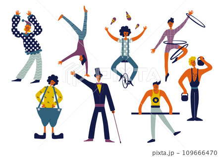 Circus performers people set in flat character design for web. Bundle persons of artist clowns, different acrobats and jugglers, female gymnast, comedians and illusionists. Vector illustration. 109666470