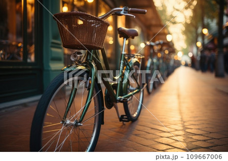 Bicycles of different colors and shapes parked. Self service ecological means of transport for rent. Generative AI 109667006