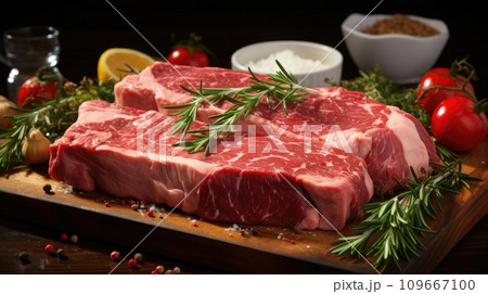 Raw meat, veal ossobuco, on a wooden cutting board. Generative AI 109667100