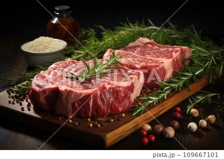 Raw meat, veal ossobuco, on a wooden cutting board. Generative AI 109667101