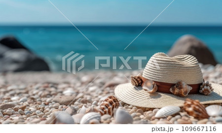 Straw hat and on beach sand beside starfish and seashells in sunlight. Generative AI 109667116