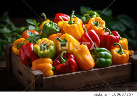 Ripe peppers in a wooden box. Generative AI 109667257