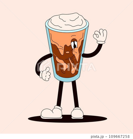 Groovy drink smile character in shape of Iced cold brew coffee. Mascot in cartoon style. Vector illustration isolated on a peach background. 109667258