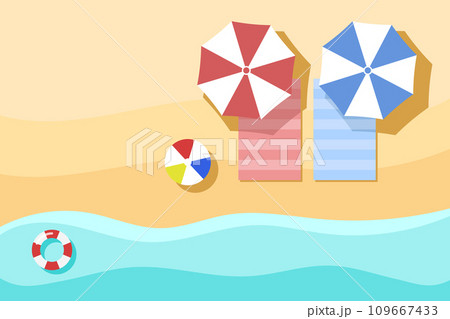 Top view of Beach, summer background. with umbrella, towel, beach ball, swim tube. view from above. Top view of Beach, summer background. with umbrella, towel, beach ball, swim tube. view from above. 109667433