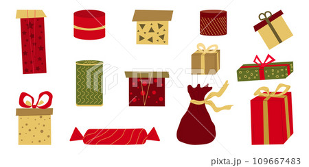 Set colorful gift boxes isolated white background. Design festive banner, flyer. Vector illustration... Set colorful gift boxes isolated white background. Design festive banner, flyer. Vector illustration... 109667483