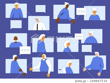 Retirement online community concept. Elderly people communication. Senior aged men and women talking. 109667516