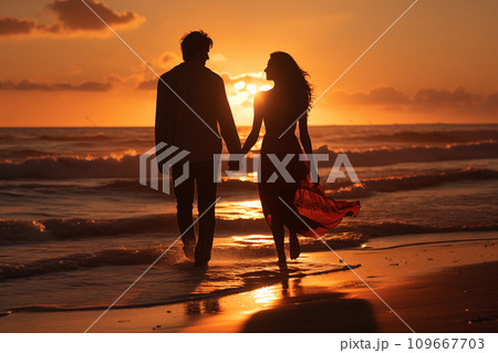 An image of a romantic couple walking on the beach during sunset, portraying love and connection 109667703