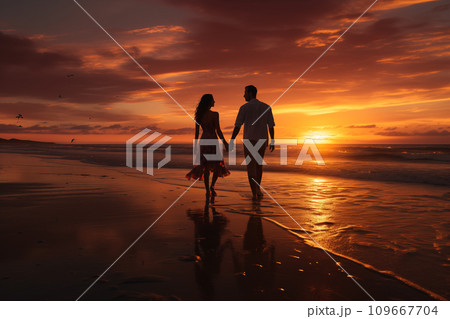An image of a romantic couple walking on the beach during sunset, portraying love and connection 109667704
