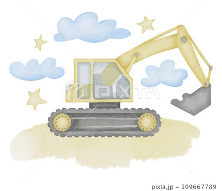 Excavator Watercolor illustration. Hand drawn clip art of Digger on isolated background. Baby toy car sketch. Truck drawing for prints on a boy's clothes. Painting of loader for construction. Excavator Watercolor illustration. Hand drawn clip art of Digger on isolated background. Baby toy car sketch. Truck drawing for prints on a boy's clothes. Painting of loader for construction. 109667789