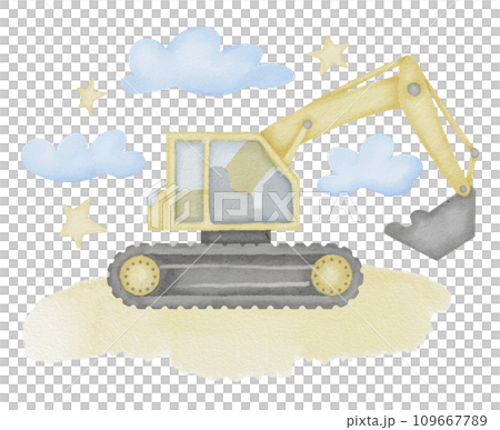 Excavator Watercolor illustration. Hand drawn clip art of Digger on isolated background. Baby toy car sketch. Truck drawing for prints on a boy's clothes. Painting of loader for construction. Excavator Watercolor illustration. Hand drawn clip art of Digger on isolated background. Baby toy car sketch. Truck drawing for prints on a boy's clothes. Painting of loader for construction. 109667789