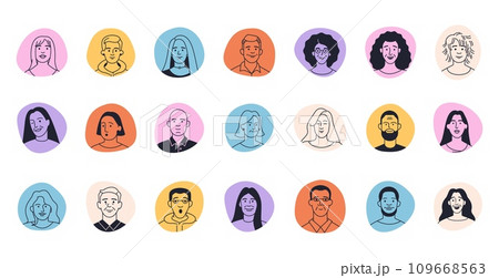 Doodle avatar faces. Cartoon comic character heads with different emotions, funny and trendy user profile pictures. Vector isolated set Doodle avatar faces. Cartoon comic character heads with different emotions, funny and trendy user profile pictures. Vector isolated set 109668563
