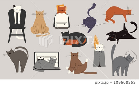 Cats behavior. Cartoon cute kitten playing with toys, funny cats in various poses and activities. Vector cute kitten characters isolated set 109668565