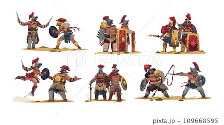 Ancient fighting warriors. Cartoon ancient roman soldier characters with armor and weapons, flat historical barbarian characters fighting. Vector set 109668595