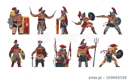 Gladiator characters. Cartoon ancient roman gladiator warrior in different fighting and standing poses, 2D game asset. Vector isolated set 109668598