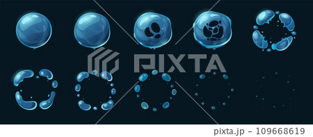 Soap bubble animation. Cartoon bubble blowing and popping, foam and water sphere effect, 2D game sprite asset. Vector water bubble sequence Soap bubble animation. Cartoon bubble blowing and popping, foam and water sphere effect, 2D game sprite asset. Vector water bubble sequence 109668619