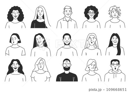 Hand drawn doodle characters. Cartoon outline persons with various emotions, diverse multicultural people in different clothes. Vector hand drawn set 109668651
