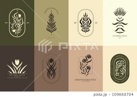 Boho floral emblems. Abstract botanical symbols with leaves and flowers. Magic zodiac astrology signs. Nature luxury emblem design vector set Boho floral emblems. Abstract botanical symbols with leaves and flowers. Magic zodiac astrology signs. Nature luxury emblem design vector set 109668704