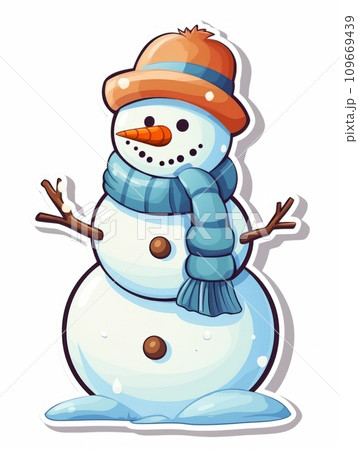 AI-generated content. Snowman sticker with a scarf and hat on his head. The expression of a smile, AI 109669439
