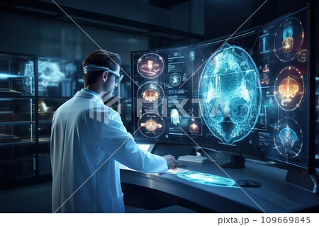 Radiologist examining a CT scan on a lightbox, with detailed annotations and notes, computer screens 109669845