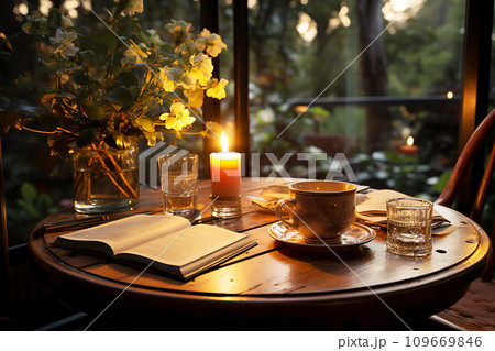 Quiet coffee corner adorned with flowers and a book 109669846