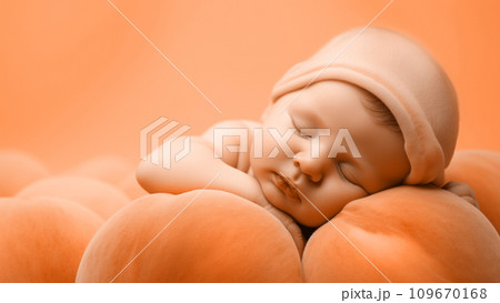 A newborn baby kid child sleeping peacefully on a soft peach fuzz color background. Modern trendy tone hue shade. Generative AI 109670168