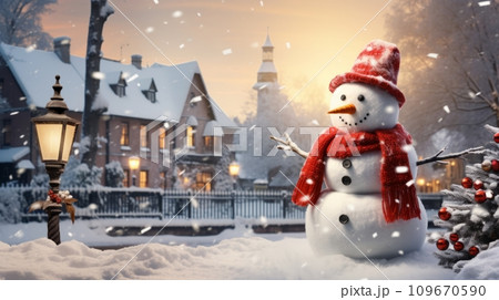 AI-generated content. Winter landscape with snowman and cozy family house, AI 109670590