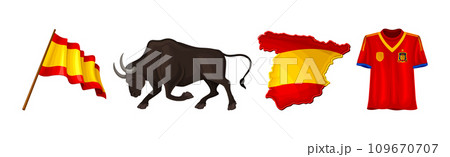 Spanish Traditional Symbols and Objects with Flag, Bull, Map and Sweatshirt Vector Set 109670707