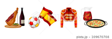 Spanish Traditional Symbols and Objects with Jamon, Football Flag, Bullfighter Jacket and Paella Vector Set 109670708