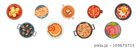 Spanish Dish and Food of Mediterranean Cuisine Vector Set Spanish Dish and Food of Mediterranean Cuisine Vector Set 109670715