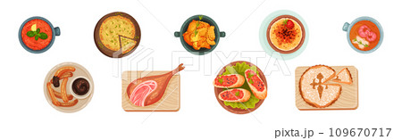 Spanish Dish and Food of Mediterranean Cuisine Vector Set Spanish Dish and Food of Mediterranean Cuisine Vector Set 109670717