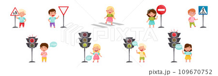 Cute Boy and Girl Child Learning Rules of Road and Traffic Education Vector Set 109670752