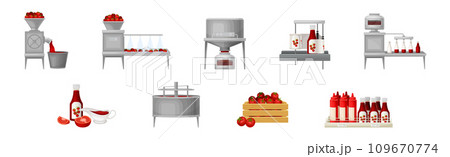 Tomato Ketchup Production and Manufacturing Process Vector Set Tomato Ketchup Production and Manufacturing Process Vector Set 109670774