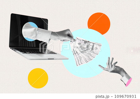 Collage with hands passing money sticking out of laptop. Online payment concept 109670931