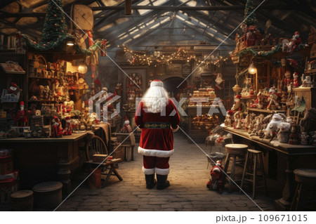AI-generated content. Santa Claus works diligently, creating and wrapping toys in his festive workshop 109671015