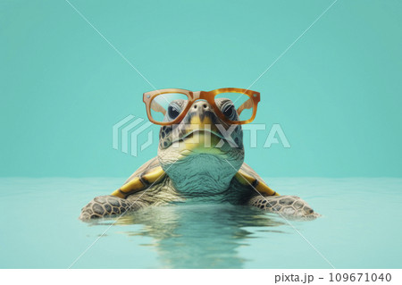 AI-generated content. A turtle with a serious expression and glasses against a vibrant blue backdrop 109671040