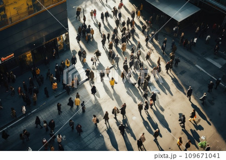 AI-generated content. Crowd people in rush hour on a cross street. Generative AI 109671041
