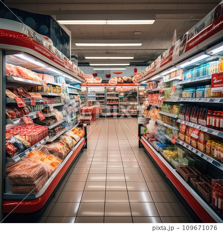 AI-generated content. Supermarket with a variety of products, a long corridor, and light bulbs on the ceiling. Generative AI 109671076