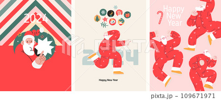 Christmas postcards with Santa Claus - modern flat vector concept illustrations of the Christmas and New Year symbols, vertical postcards set 109671971
