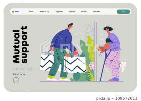 Mutual Support Buying groceries for ill neighbor -modern flat vector concept illustration of man carrying shopping bags for woman on crutches Metaphor of voluntary, collaborative exchanges of services 109672013