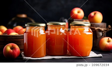 Homemade apple jam in a rustic style. Ripe delicious apples and grandma's preserves. Fruit jam in glass jars. Homemade apple jam in a rustic style. Ripe delicious apples and grandma's preserves. Fruit jam in glass jars. 109672034